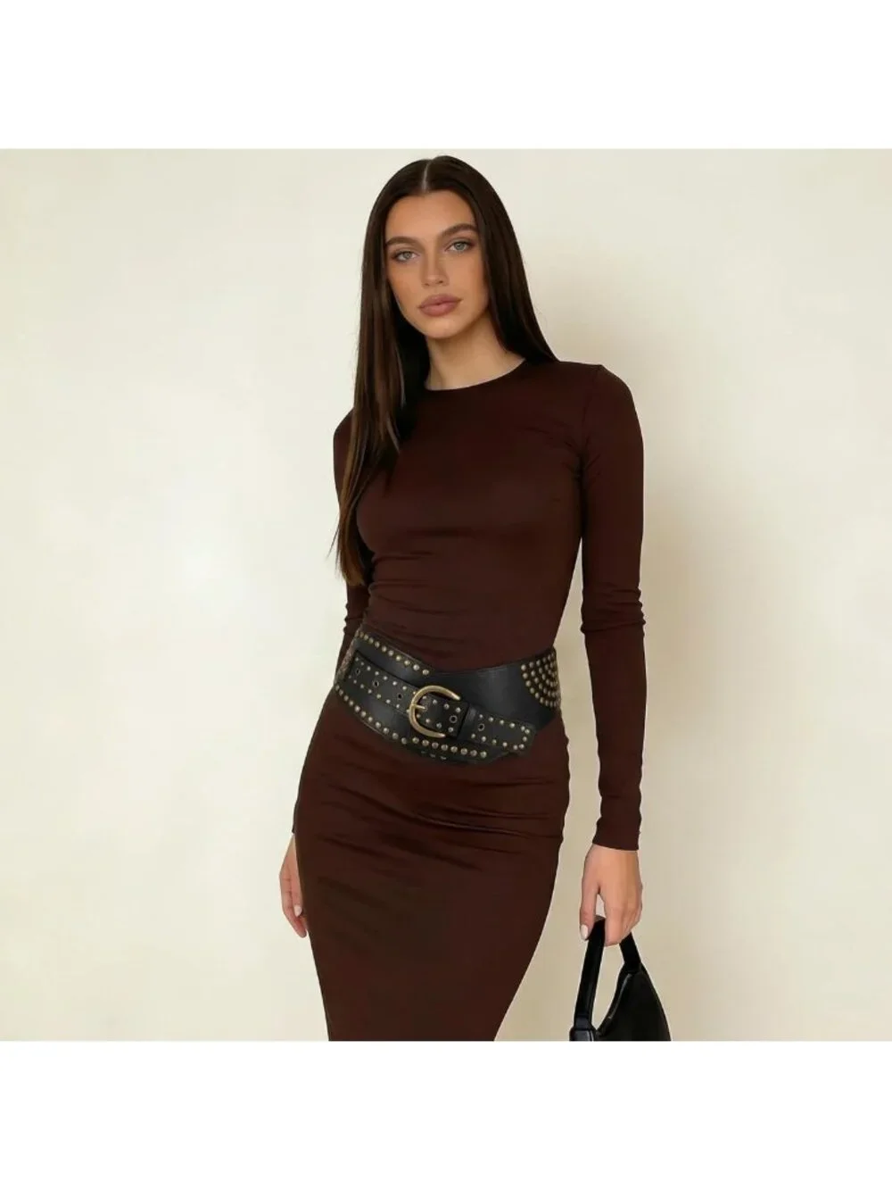 Vintage Wide Elastic Studded Waist Belt - Stretchy Rivets & Metal Buckle